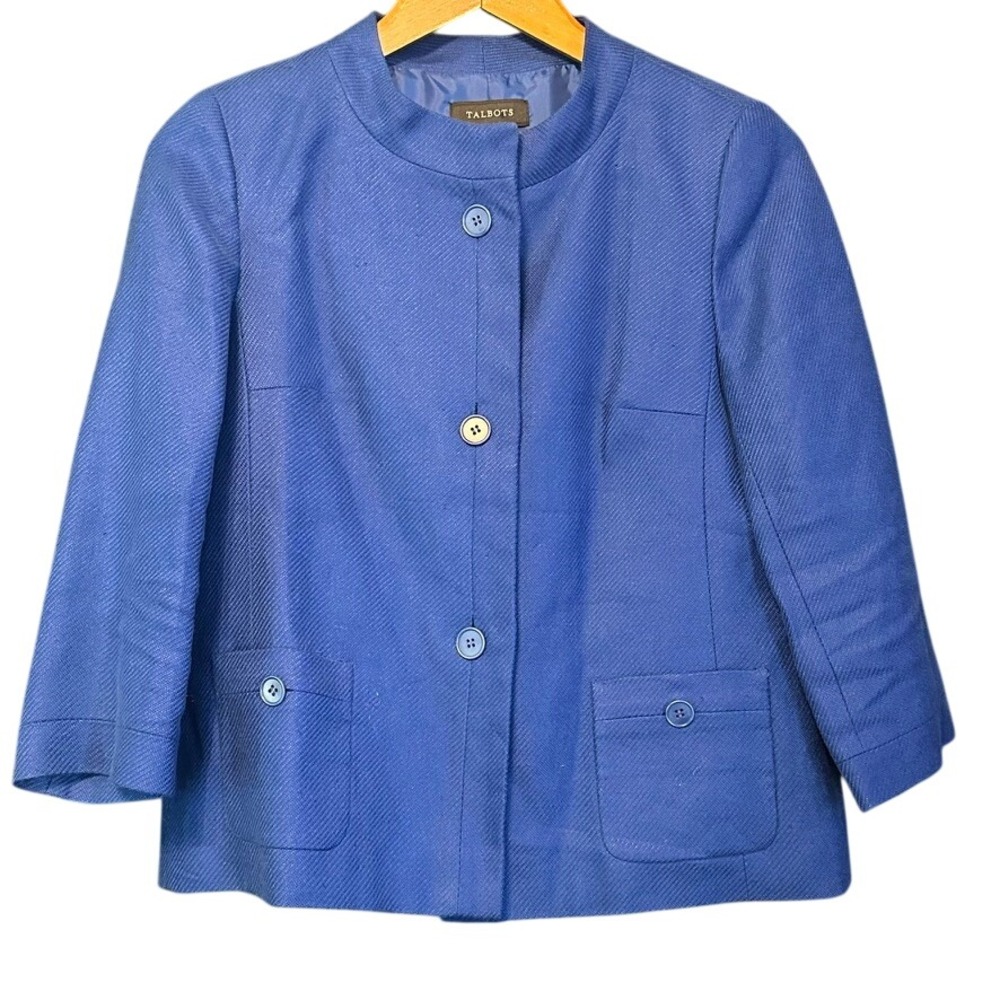 Talbots Blazer Jacket 100% linen Womens 10 Button Up Lined 3/4 Sleeve Blue
